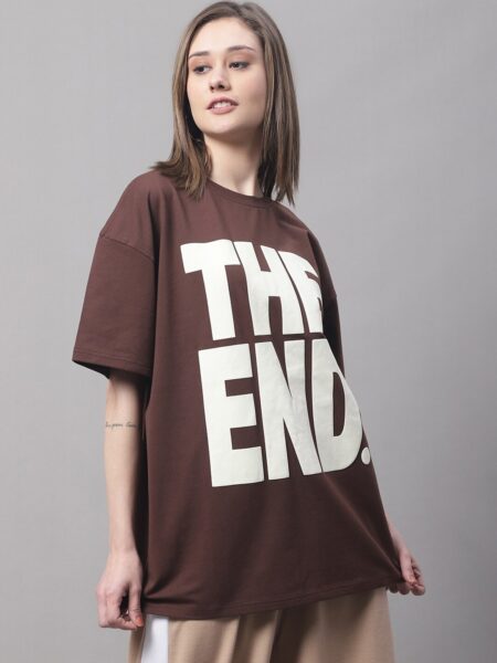 Women Typography Printed Round Neck Cotton Oversized T-shirt